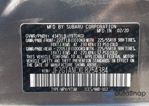 2020 Subaru Crosstrek Limited из США, поврежденный, VIN JF2GTANCXL8254384